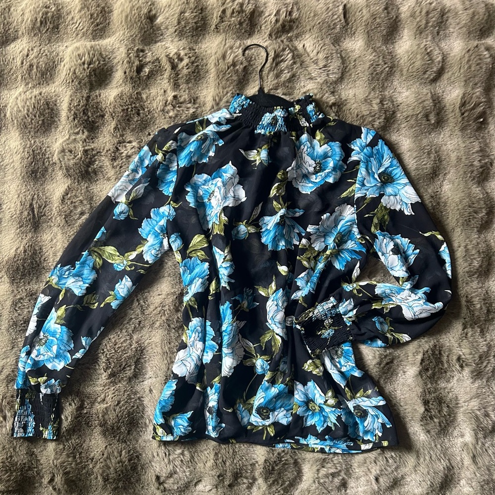 Alfani Black Floral Smocked-Neck Blouse with Blue Flowers